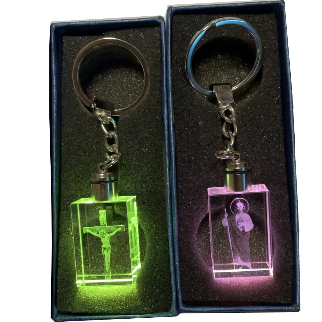 New Year Promotional Gift Cheap Jesus Keychain Accessories Glass Crystal Antique Cross Keyring with Led Stainless Steel