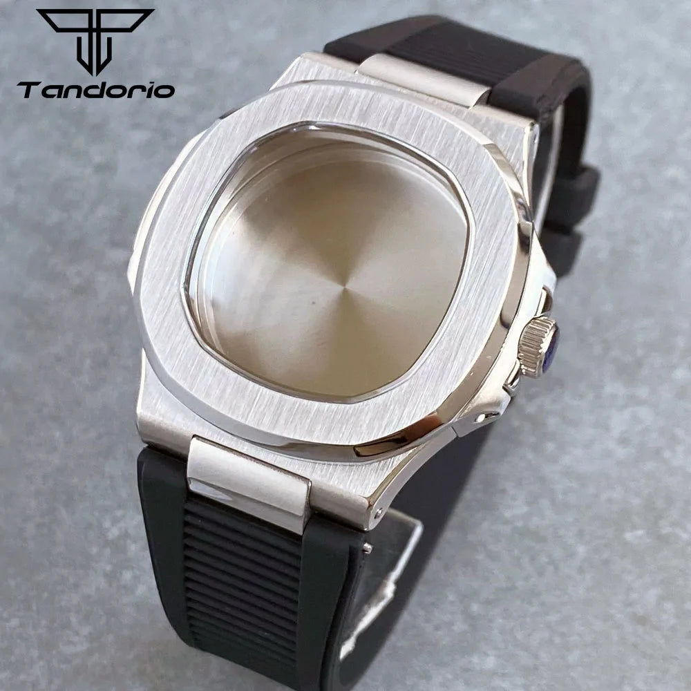 Tandorio 40mm Stainless Steel Watch Case Black Rubber Strap 10ATM Fit NH35A Automatic Movement Screw Crown for S Mod Watch Parts