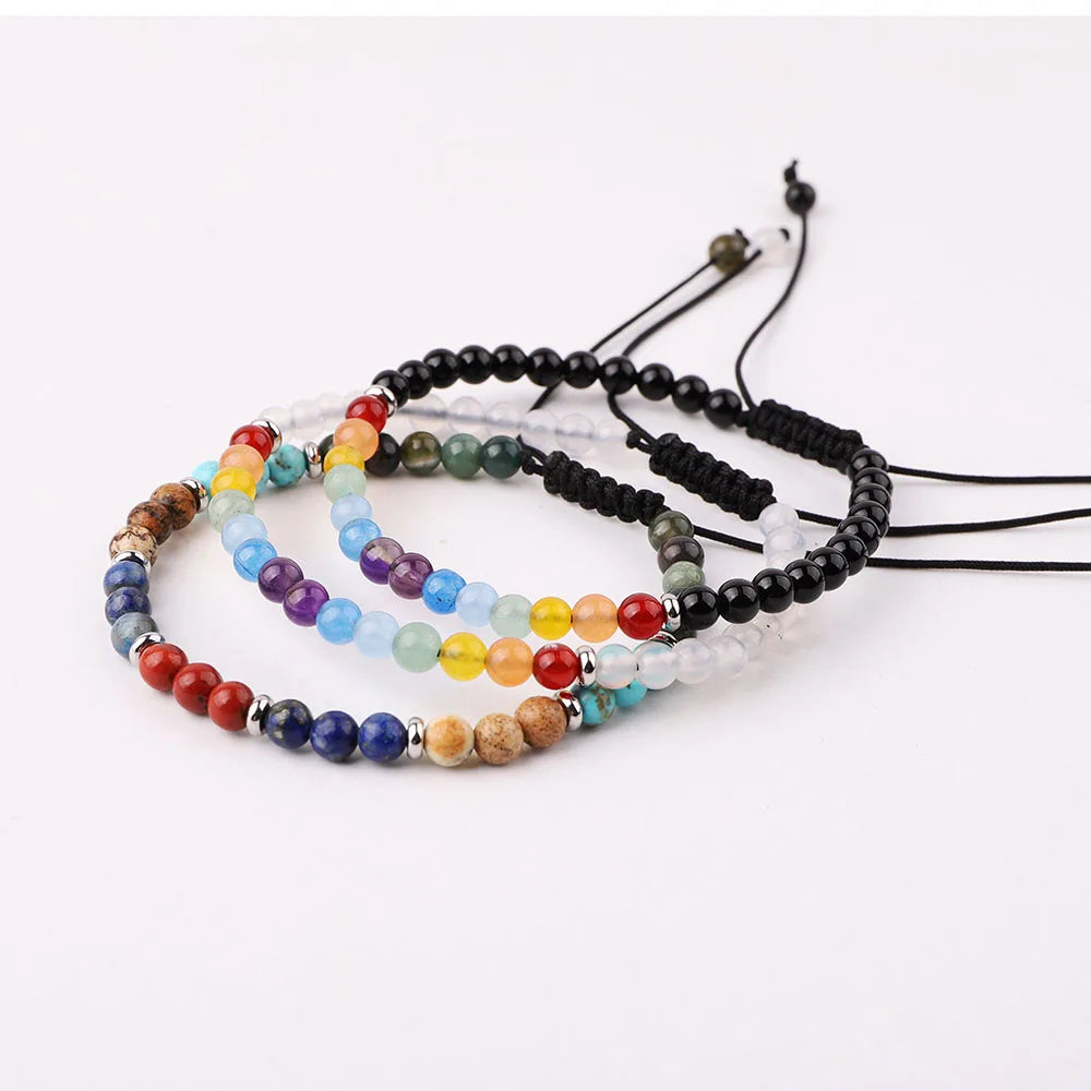 New Fashionable 4mm Chakra Beads Macrame Bracelet JBS12539 Adjustable Natural Zircon Stone Gold Stainless Steel Ball Pattern