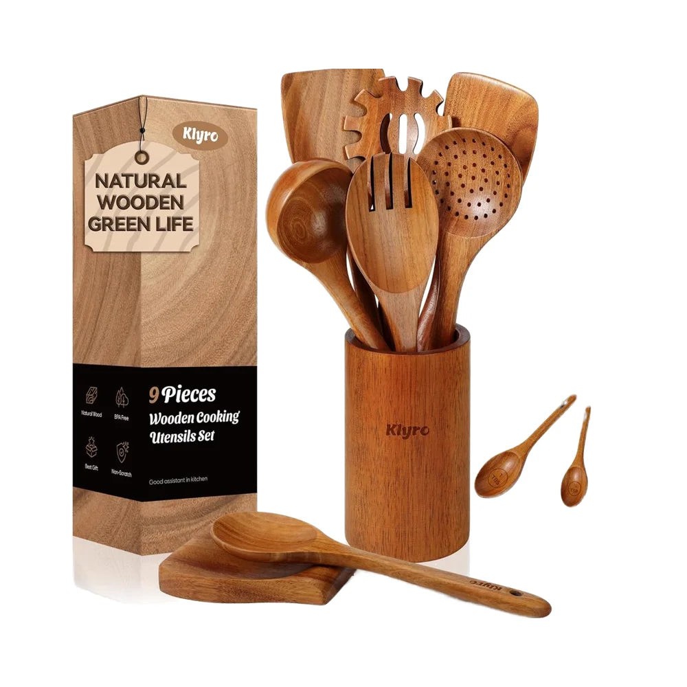 9-Piece Teak Spatula Set and 4-Piece Comfort Grip Wooden Spoons Nonstick Kitchen Cooking Utensils Measuring Spoons Spoon Rest