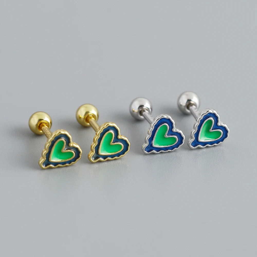 Sterling Silver Jewelry S925 Heart Enamel Glaze Screw Stud Earrings Jewelry Sterling Silver Minimalist Stud Earrings Women