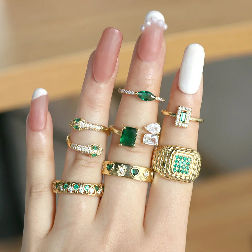 Vintage Emerald Stackable Ring Green CZ Gold Open Ring for Women Heart Zircon Adjustable Ring