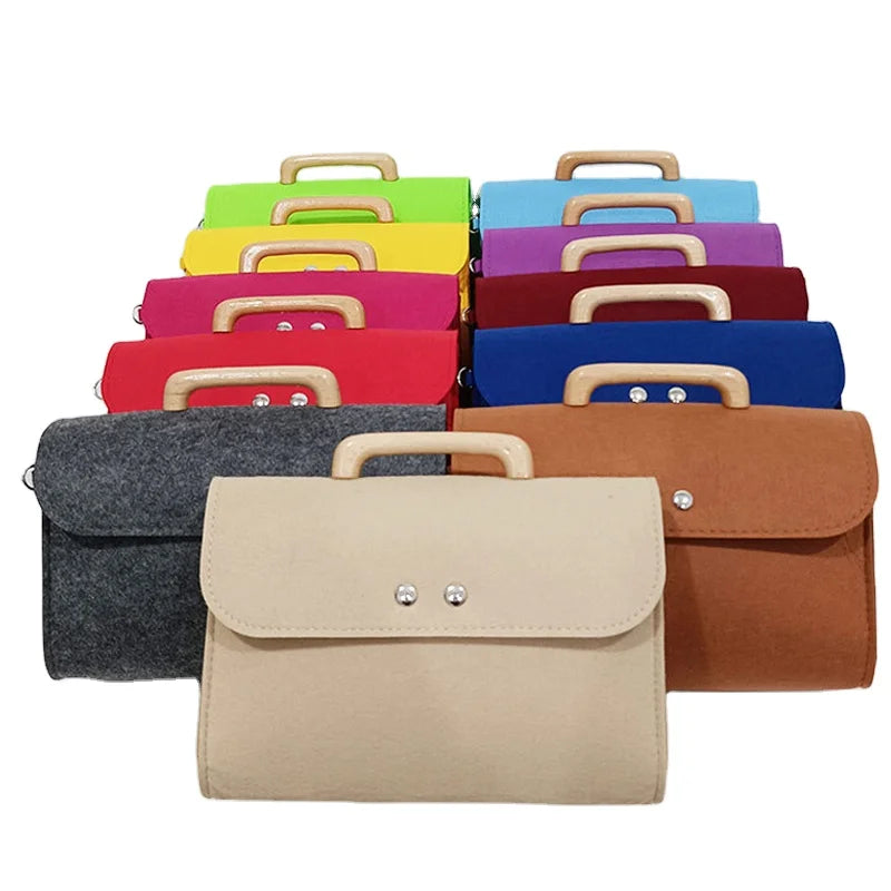 Business Eco-friendly Felt Tote Bag with Wooden Handle File Organizer & Portable Pouch-Customizable Color & Logo Button Closure