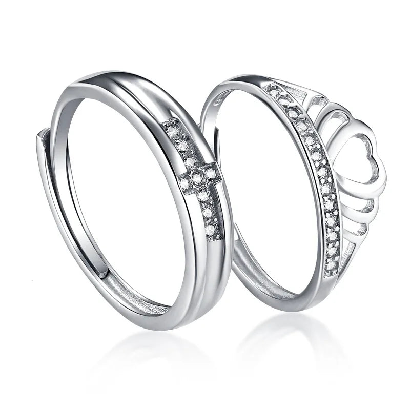 New Trendy Weeding Engagement Jewelry Rings Set Sparking Cubic Zircon 925 Sterling Silver Crown Adjustable Couple Ring