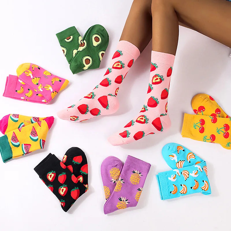 High Quality Combed Cotton Women Girls Novelty Funny Strawberry Avocado Jacquard Colorful Fruit Socks
