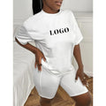 Custom Logo T Shirt and Biker Shorts Set Wholesale Summer Sports 100% Cotton Two Piece Biker Short Set Women