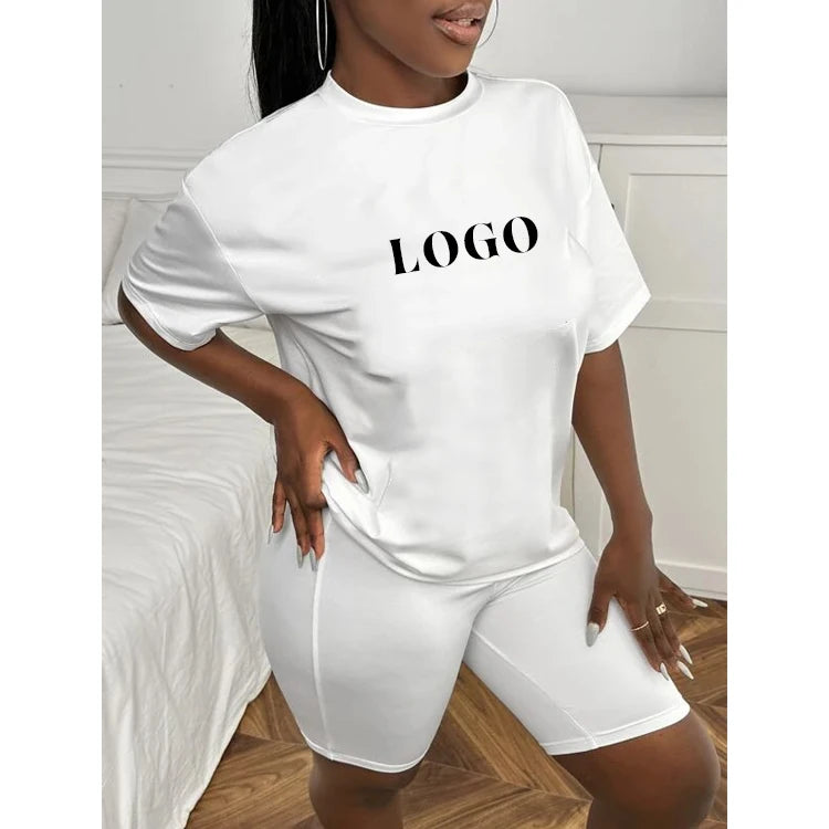 Custom Logo T Shirt and Biker Shorts Set Wholesale Summer Sports 100% Cotton Two Piece Biker Short Set Women