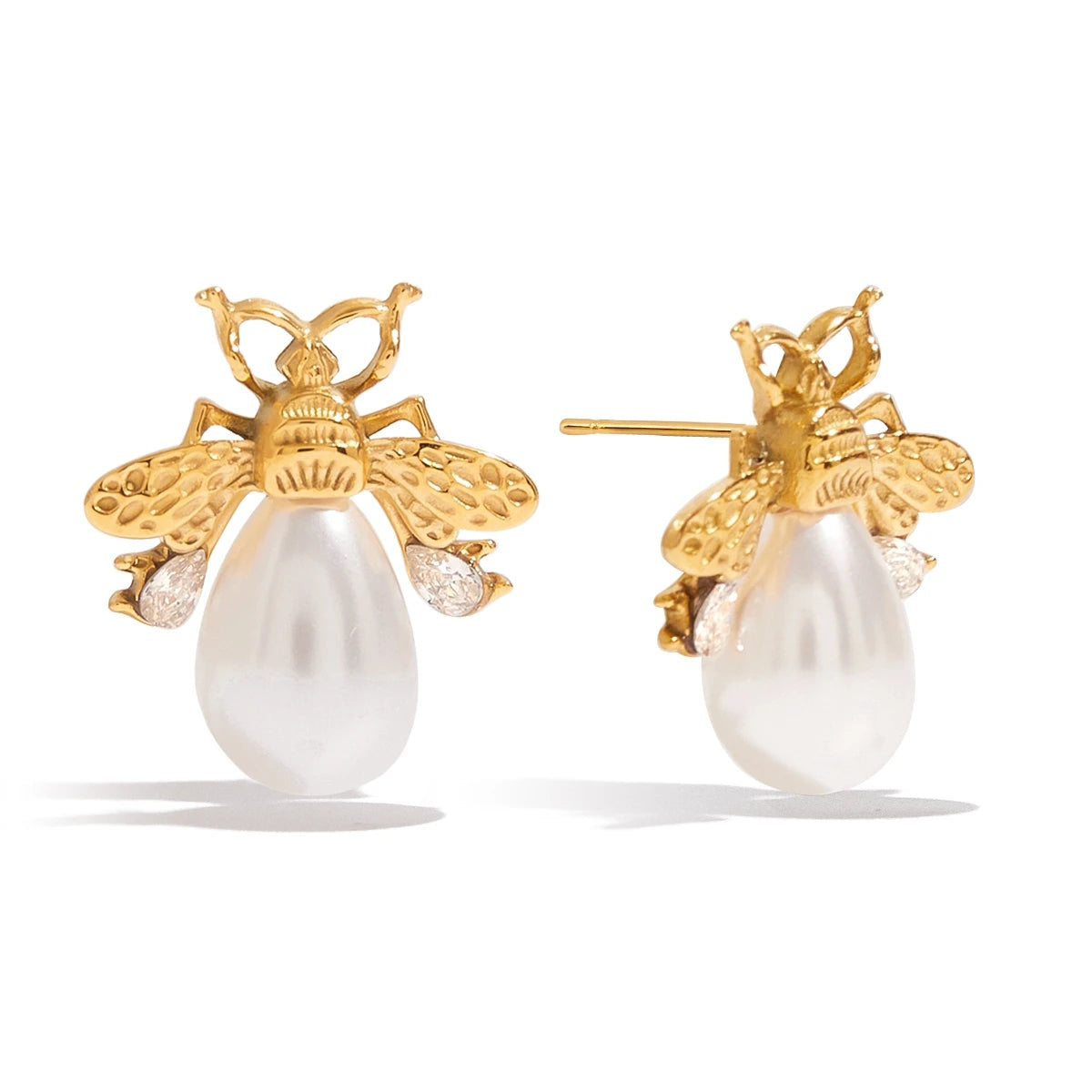 J&D New Classic Style 18k Gold Plated  Tarnish Free Stainless Steel Hypoallergenic Bee Resin Pearls Zircon Earrings