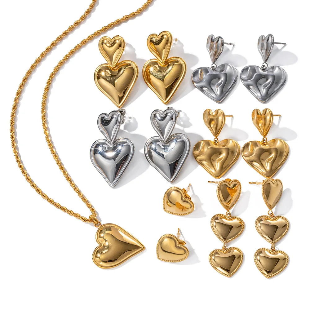 Fashion Women Jewelry Tarnish Free Double Heart Earring 18K Gold Plated Stainless Steel Smooth Love Drop Earrings YF3497