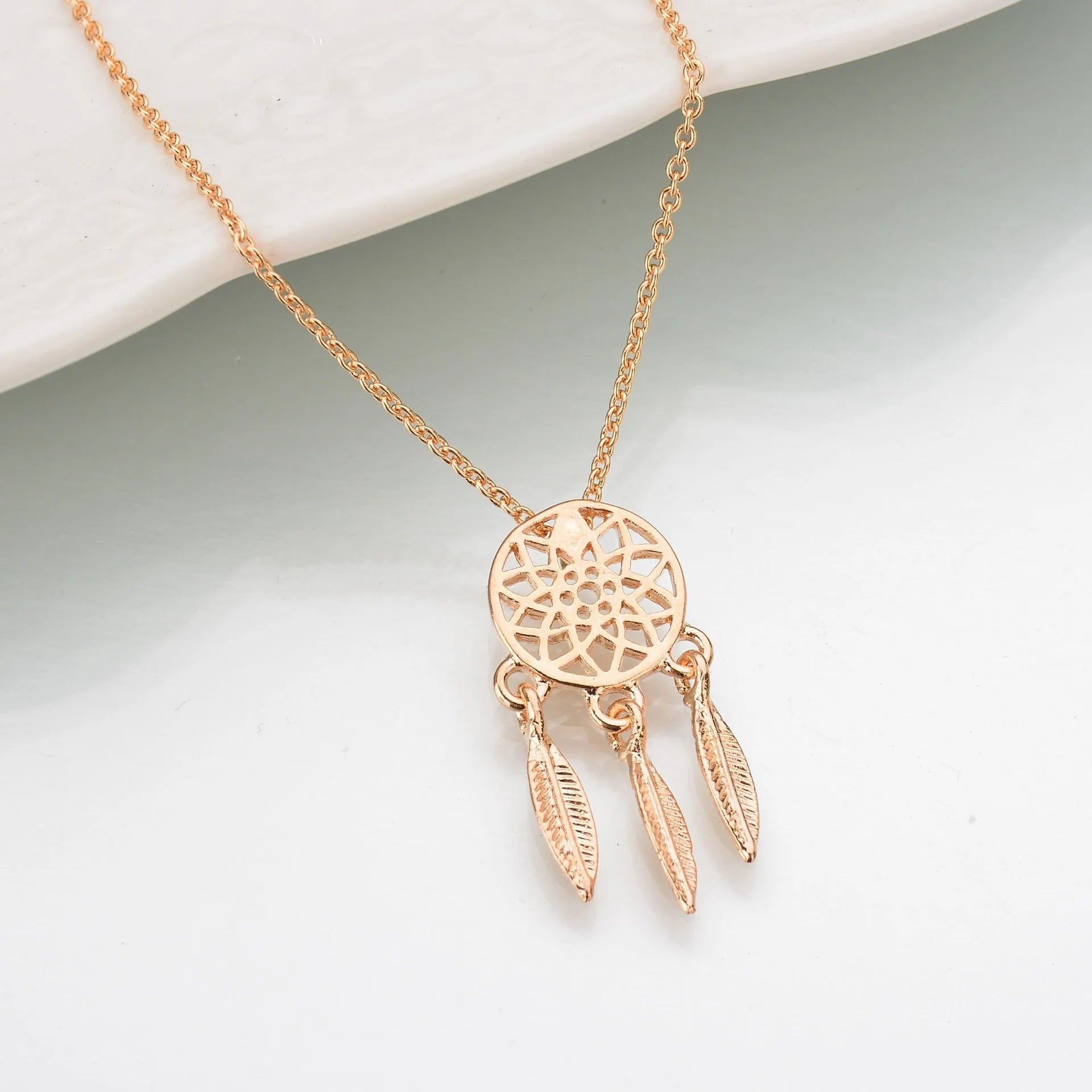 Women's New Stainless Steel Alloy Hollow Dream Catcher Necklace Pendant Bohemian Style Christian Tassel Feather Necklace Jewelry