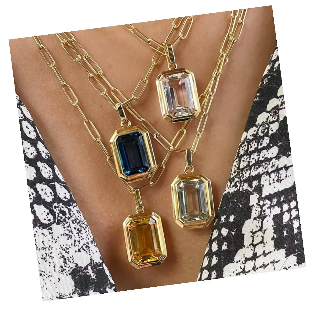 Square Crystal Candy Heart Zircon Pendant Paper Clip Chain Female Ins Jewelry Stainless Steel Color Retention Plating
