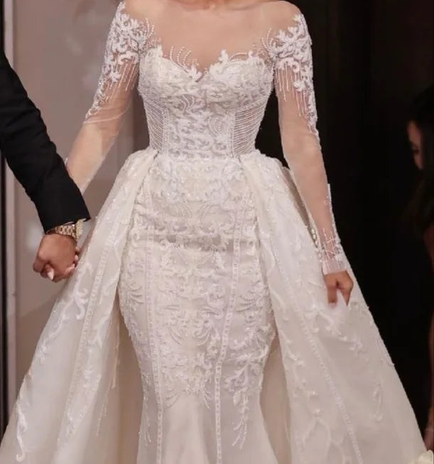S8905F 2026 2 Wear Fishtail Style With Lace Decoration Wrap Waistline Chapel Train African Bride Wedding Dress