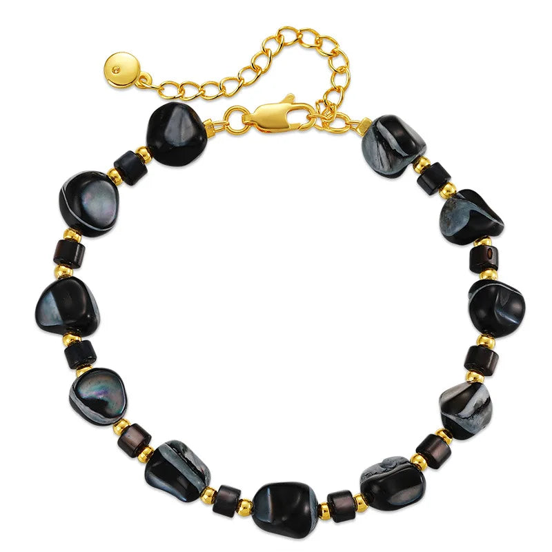 Luxury Gold Tone Natural Stone Beads Chain  Adjustable Irregular Black Stone Beads Charm  for Women