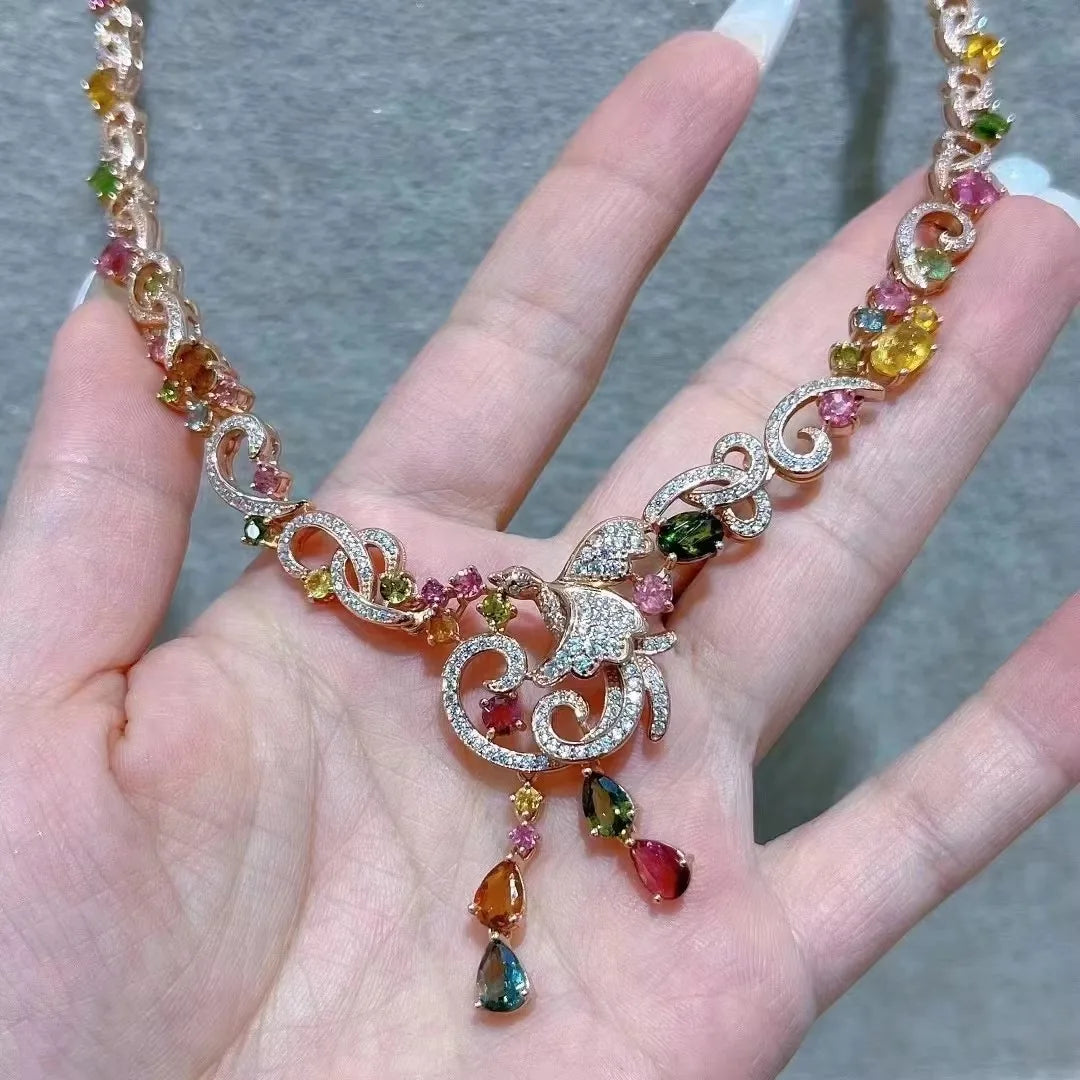 Luxurious Rose Gold Plated Silver 925 Jewelry Natural Tourmaline Necklace for Women Fine Jewelry Necklaces