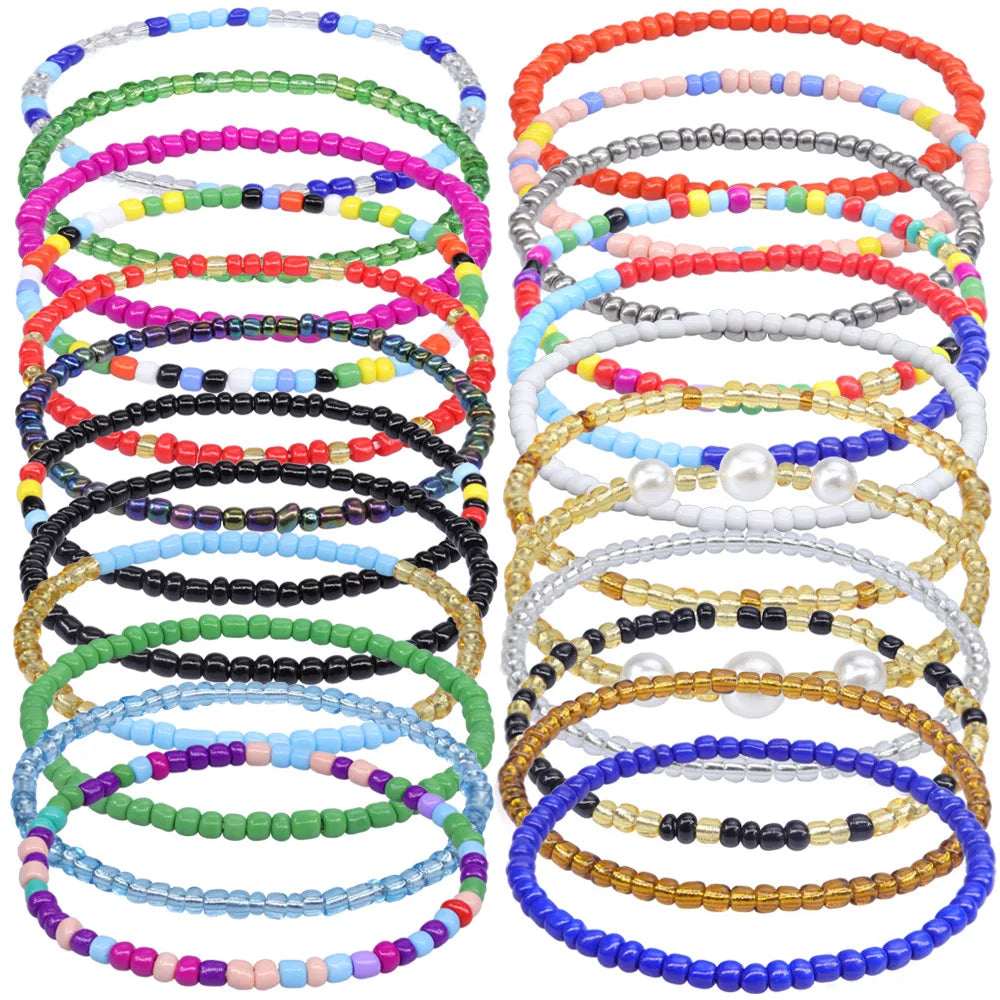 2022 Bohemian Colorful Seed Beads Beach Anklet Women Handmade Summer Glass Rice Elastic Ankle Bracelet Jewelry