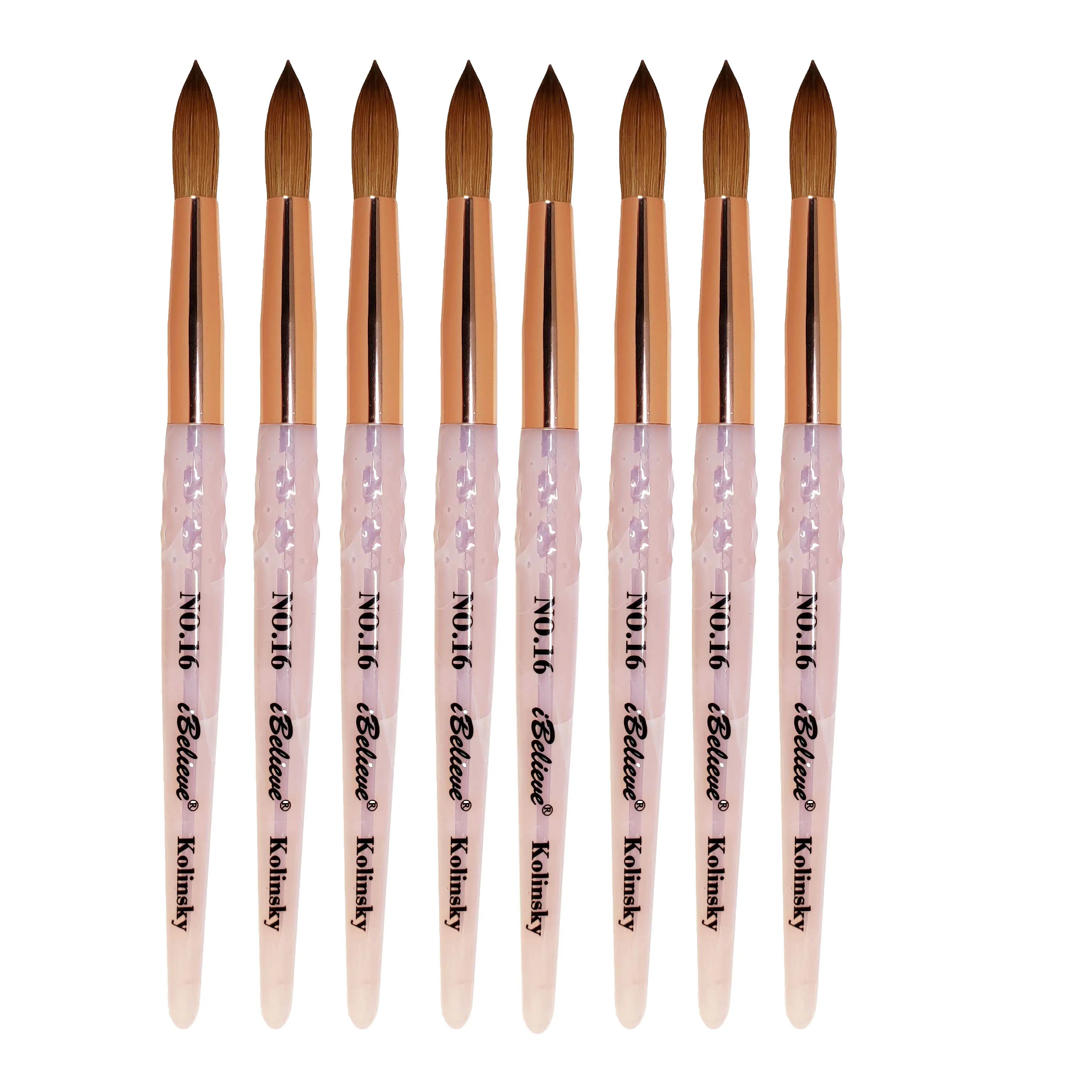 100% Kolinsky Hair Acrylic Handle Clear Crystal Texture Nail Brush Germany Wholesale Round Pink Kolinsky Nail Art Brush