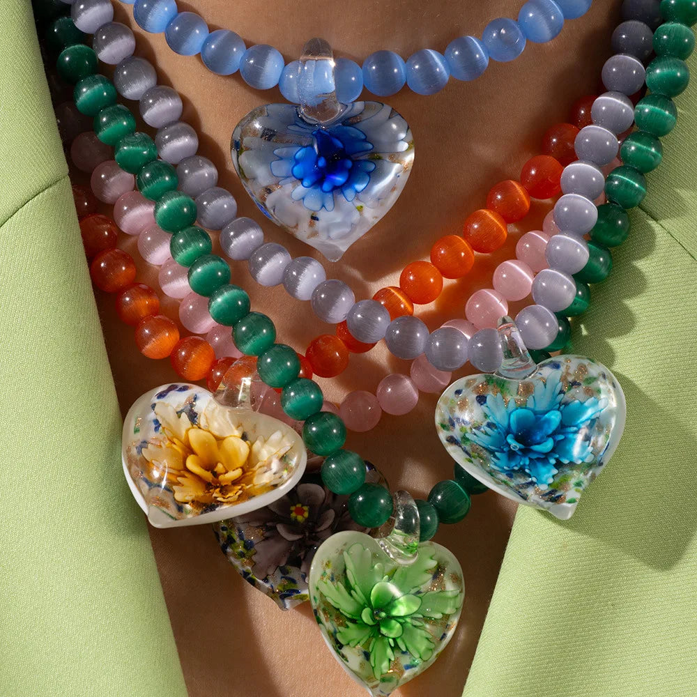 SC Hot Sale Statement Opal Necklace Fashion Colorful Beads Necklace Trendy Glass Flower Heart Necklace for Women