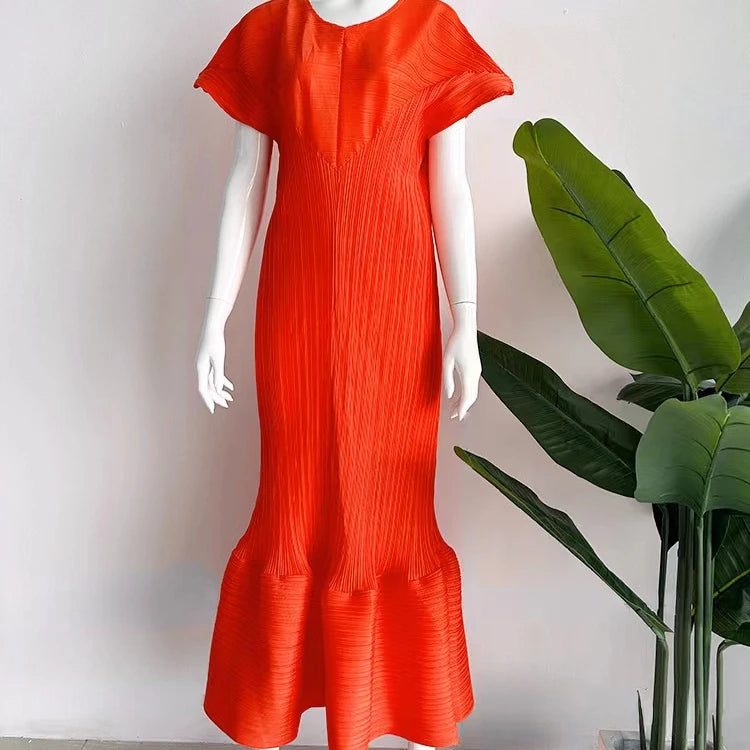Miyake Pleated Fashion New Fall Solid Color French European Female Women Long Indian Dress Y2K Plus Size Ruched Dress