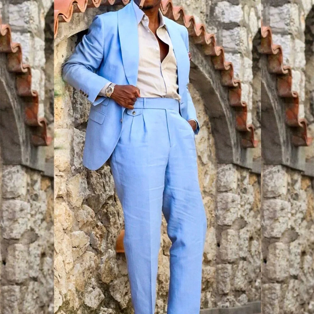 Elegant Sky Blue Men's Suits Blazer Single Breasted Shawl Lapel Clothing Luxury 2 Piece Jacket Pants Full Sets Costume Homme