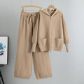 2025 Spring New Women's Daily Wear Zipper Hooded Knitted Sweater Set Plaid Loungewear Two-Piece Casual Stand Collar Style Solid