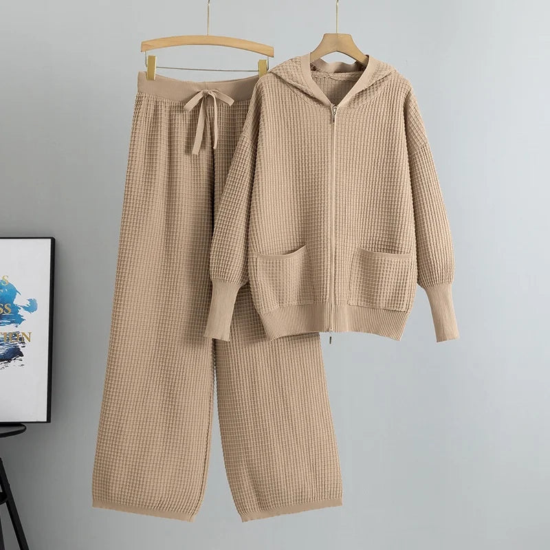 2025 Spring New Women's Daily Wear Zipper Hooded Knitted Sweater Set Plaid Loungewear Two-Piece Casual Stand Collar Style Solid