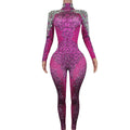 Sexy Pink Long Sleeves Crystal Rhinestone One Piece Bodysuit Female Festival Dancer Outfits Women Performance Bodycon Jumpsuits
