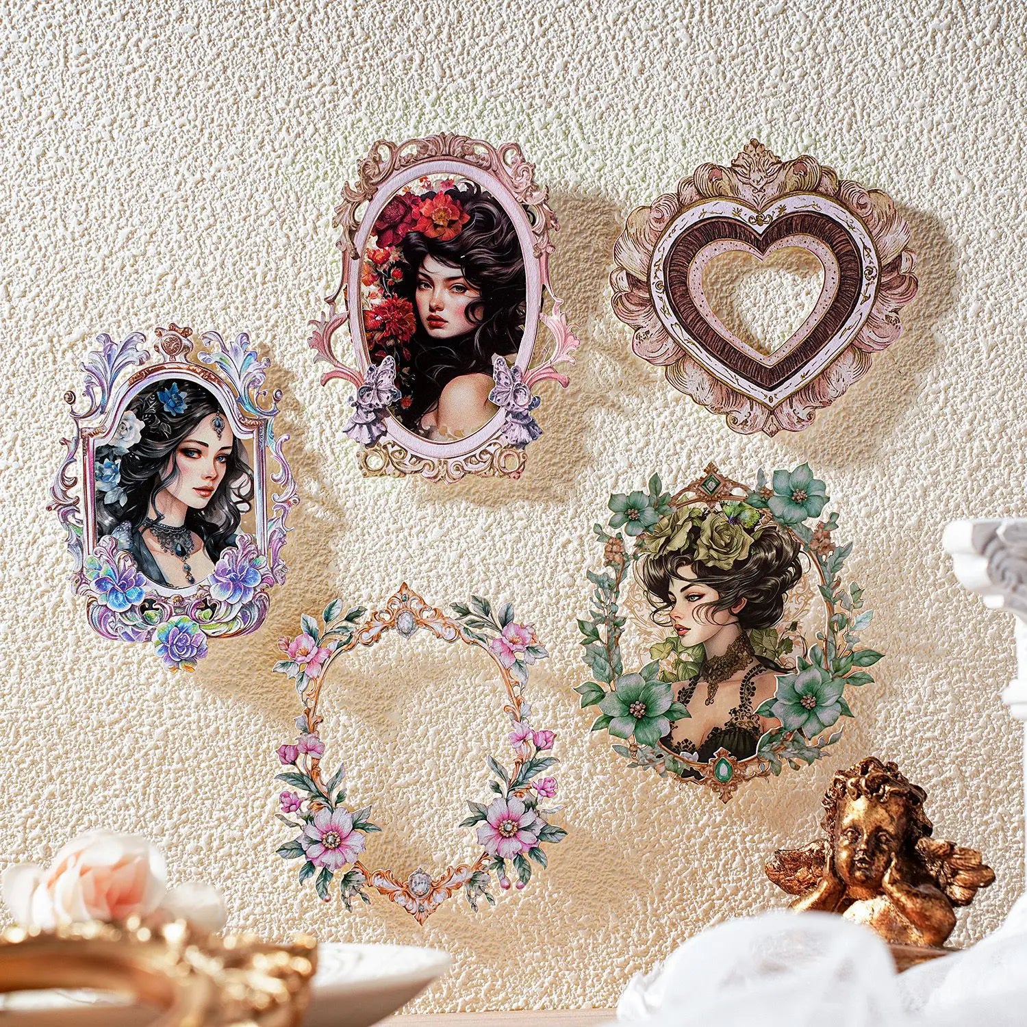 15pcs/pack Rococo Frame Series Border Hard Card Stickers Green Vine Flower Vine