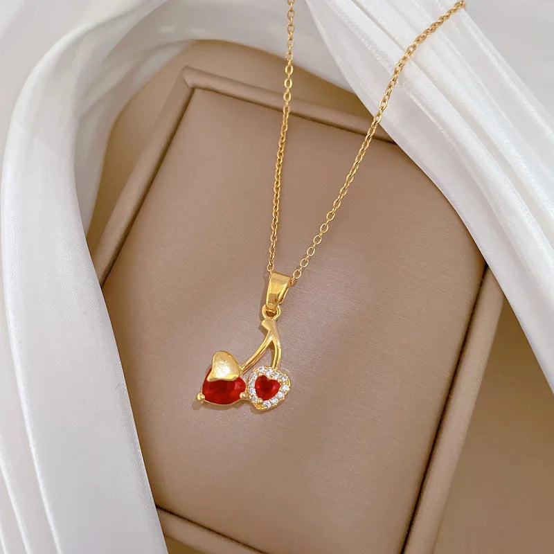 Wholesale Heart Cherry Charm Zircon Pendant Stainless Steel Cherry Fruit Pendant Jewelry Necklace