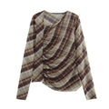 KP&ZA 2025 Women's Casual Top New Fashion Dot Pattern Plaid Tulle Pleated Retro Asymmetric Long Sleeve for Spring Autumn