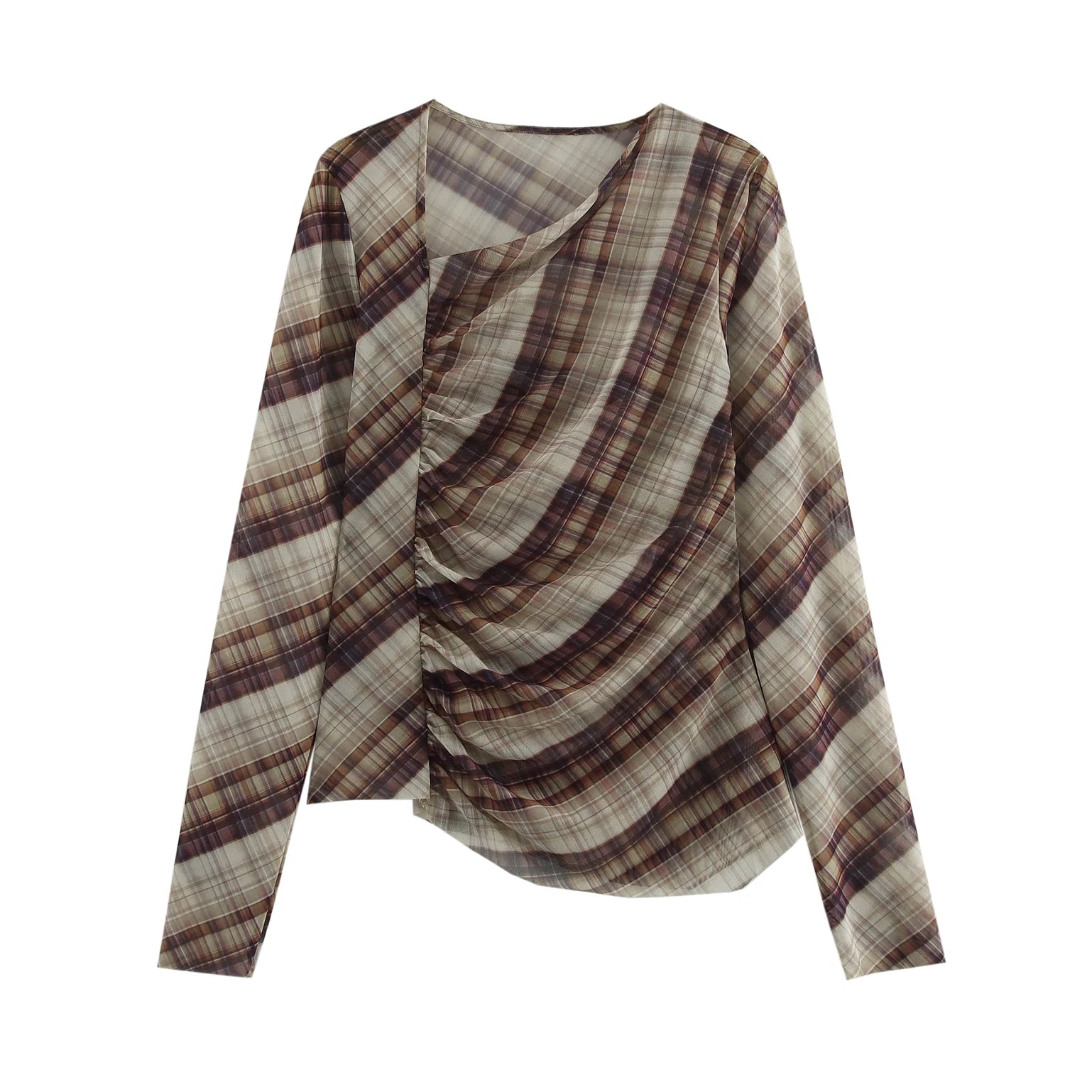 KP&ZA 2025 Women's Casual Top New Fashion Dot Pattern Plaid Tulle Pleated Retro Asymmetric Long Sleeve for Spring Autumn