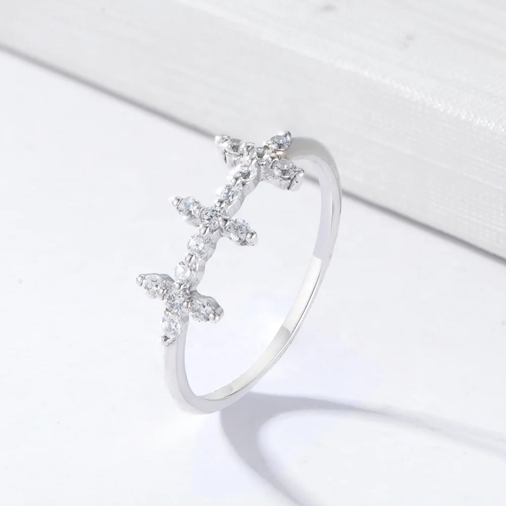 2022 Trend Jewelry Sterling Silver 925  Cubic Zirconia Antique Three Cross Charm Ring