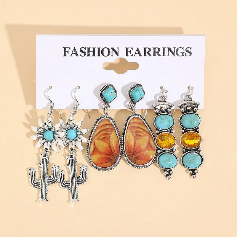Bohemian Celtic Cute 3 Pairs Western Concho Earrings Set Water Drop Turquoise Earrings Set for Woman