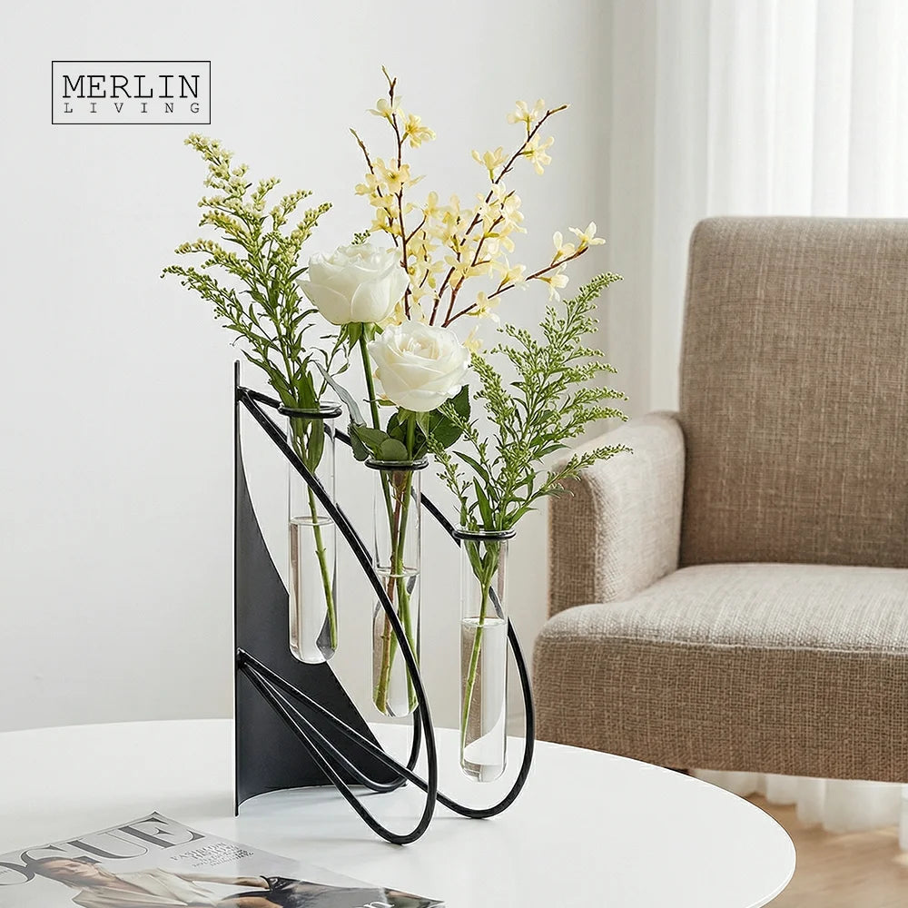 Merlin Living Wrought Iron Ornament Test Tube Flower Black Stand Desktop Ornament Novelty Gadgets for Home Decor