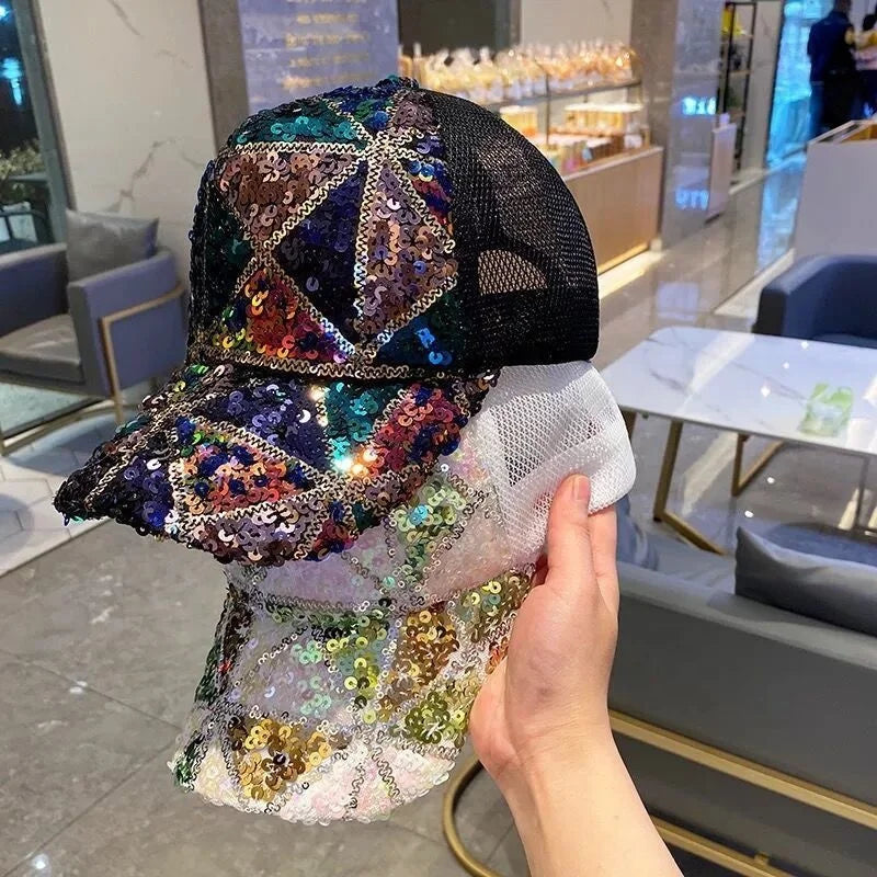 Wholesale Breathable Bling Sequin Trucker Snapback Cap Women Mesh Back 5 Panel Trucker Hat