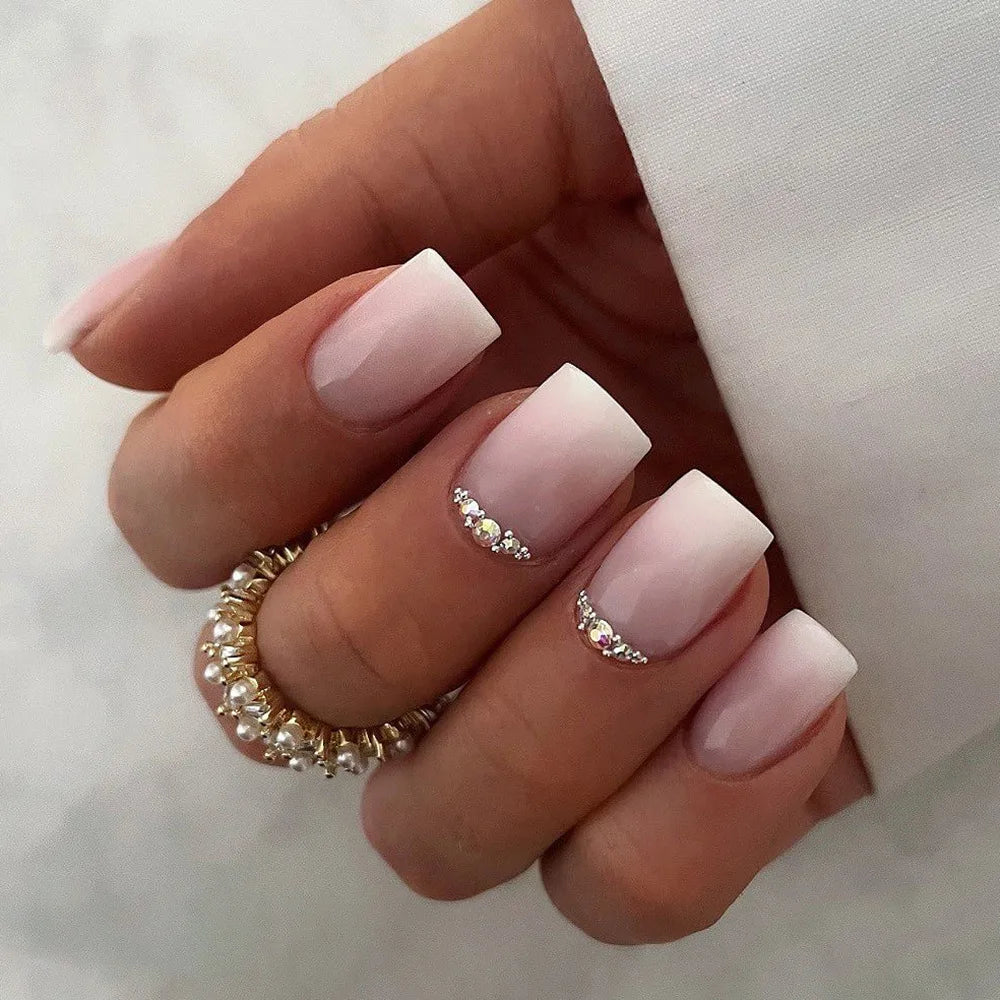 Jelly Gel French Rhinestone Artificial Nail Finger Press on Nails False Nail for Free Glue Sticker