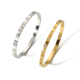No Fading Stainless Steel Female Clear CZ Cubic Zircon Stones Engraved Cuff Bangles Bracelets for Daily Wearing