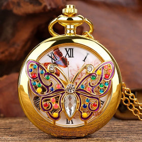 Top Luxury Gold Butterfly Crystal Diamond-encrusted Quartz Pocket Watch Elegant Women Retro Fob Chain Clock Charm Pendant Chain