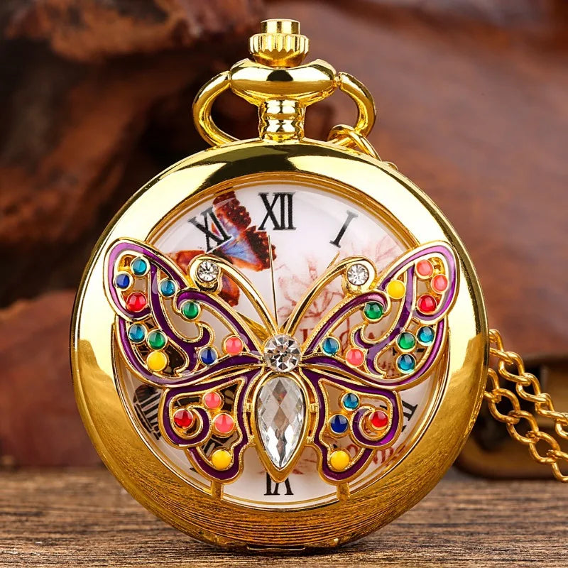 Top Luxury Gold Butterfly Crystal Diamond-encrusted Quartz Pocket Watch Elegant Women Retro Fob Chain Clock Charm Pendant Chain