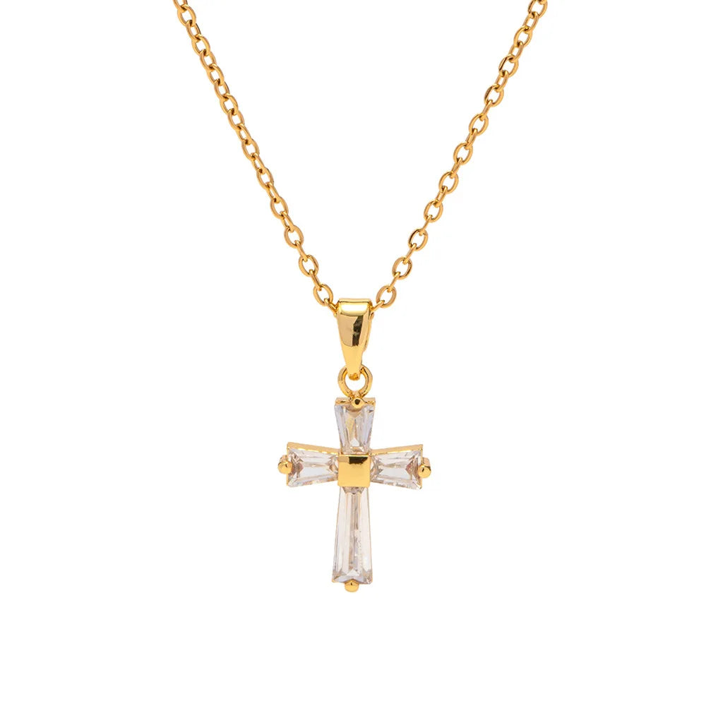 TOP Selling White Zircon Pendant PVD Gold Plated Wholesale Price Stainless Steel Fashion Jewelry Classic Cross Pendant Necklace