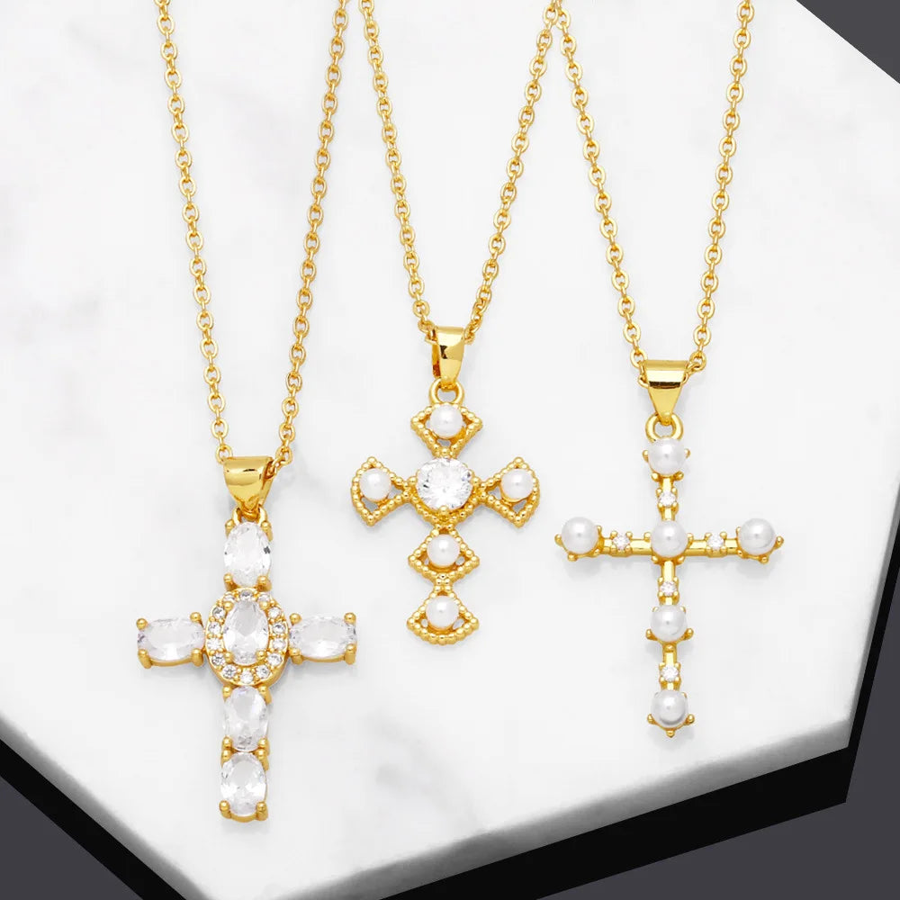 BS Hot Selling Gold Plated Inlaid Oval Crystal CZ Cross Pendant Necklace Imitation Pearl Cross Pendant Necklace for Girls Women