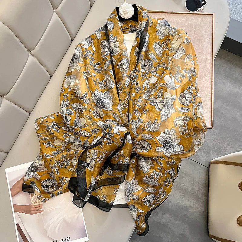 Summer Black White Flower Print Silk Yarn Gauze Scarves 130*180CM Women Long Large Floral Beach Cover up Shawls Sunscreen Scarf
