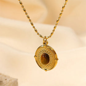 Women 18K Gold Plated Stainless Steel Tiger Eye Pendant Necklace Mail Lard Style Necklace