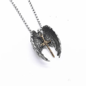 Hip Hop Couple Jewelry Retro Titanium Steel Wing Cross Pendant Necklaces for Women Men