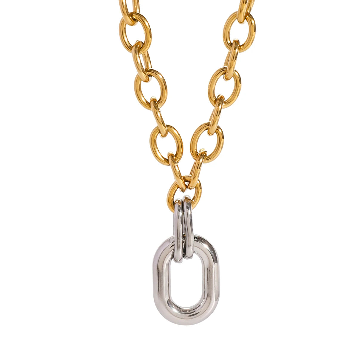 J&D 18k Gold Stainless Steel Gold and Silver Color Block Oval Polished Hollow Circle Necklaces