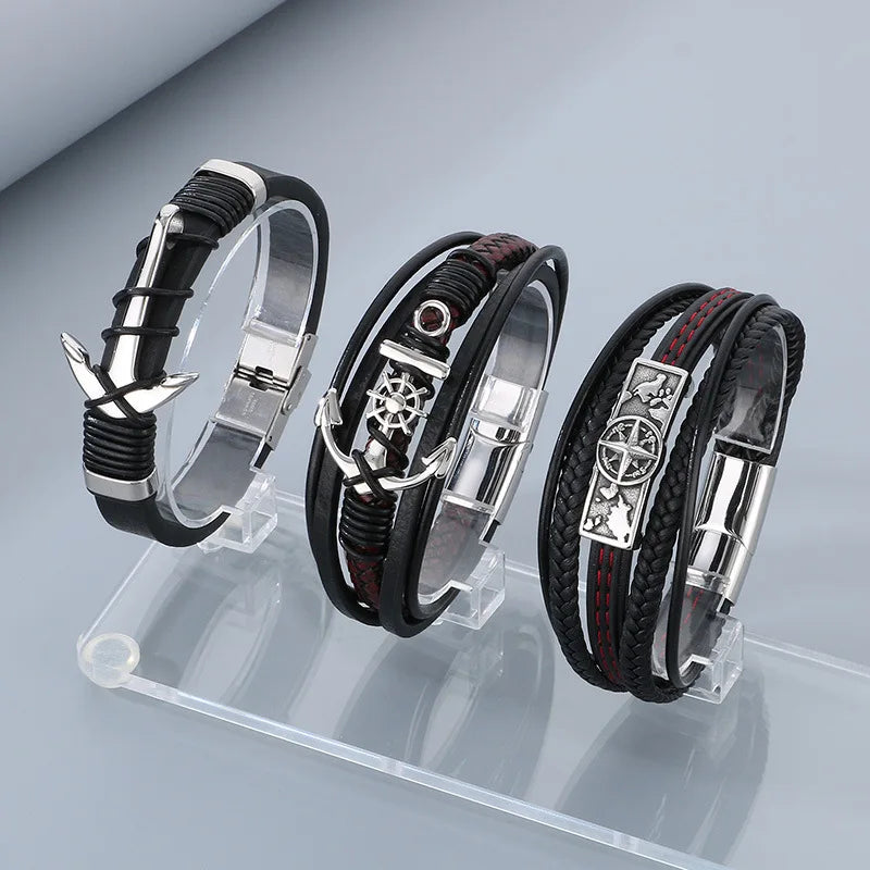 Fashion Multi-Layer Genuine Leather Bangle Stainless Steel Anchor Magnetic Clasp Bracelet Leather Bracelet Men's Jewelry