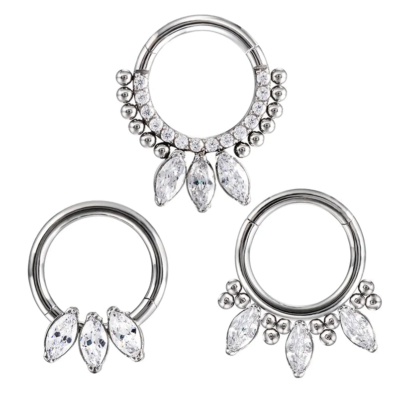 ASTM F136 Titanium Piercing Fashion Jewelry Zircon Circle with Beans 3 Leaf Zircons Piercing Jewelry Nose Rings for Women 5pcs
