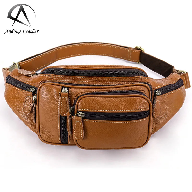 Andong Chest Bags for Men Travel Outdoor Waterproof Real Genuine Cow Leather Shoulder Bags Waist Pack for Man
