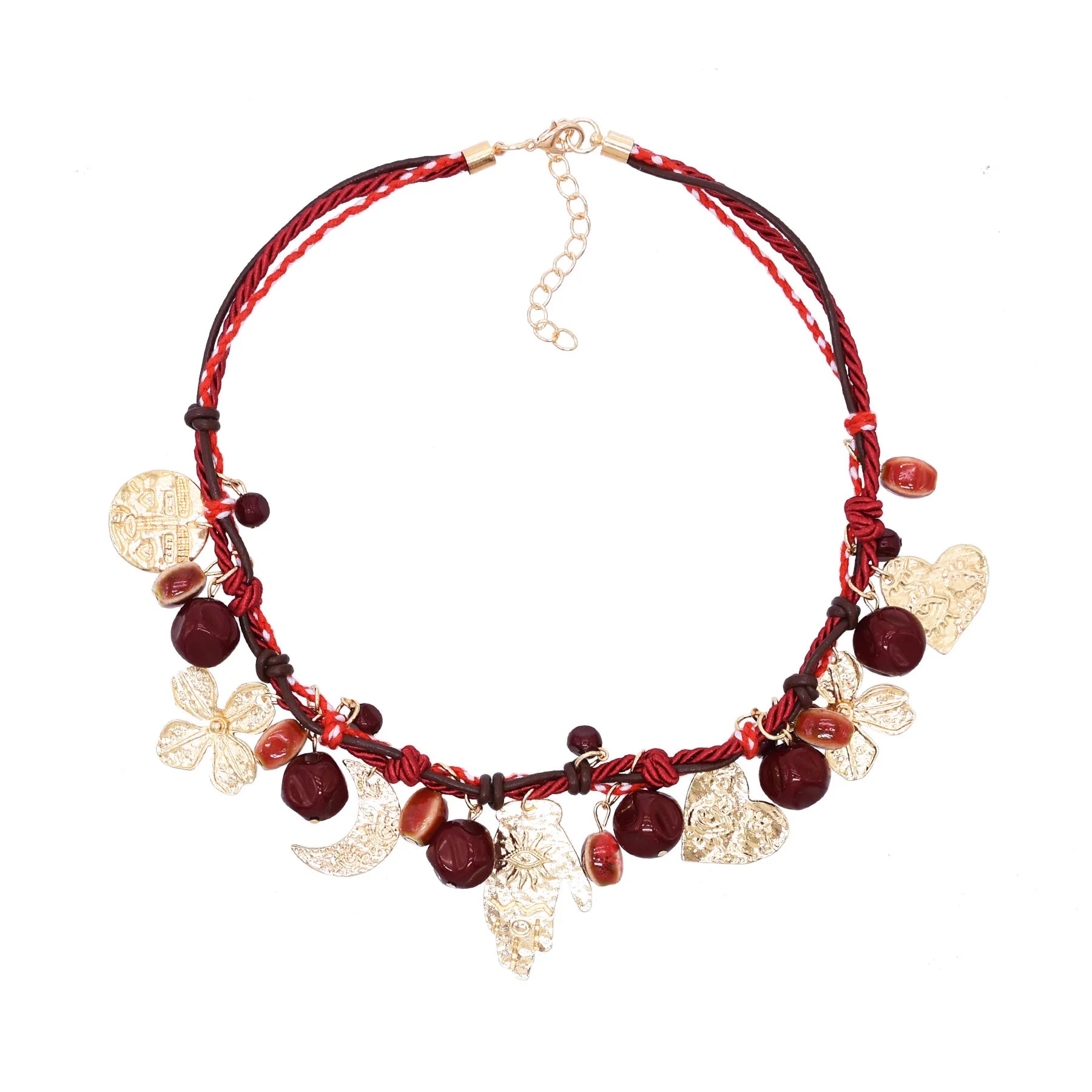 Women's Trendy Multi-Layer Red Ceramic Beads Chains Necklace Statement Heart Flower Hand Charms Street Jewelry Zinc Alloy