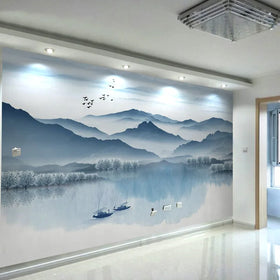 Living Room Tv Background Wall Paper Haze Blue Abstract Artistic Conception Wall Cloth Ink Landscape Film And Television Mural