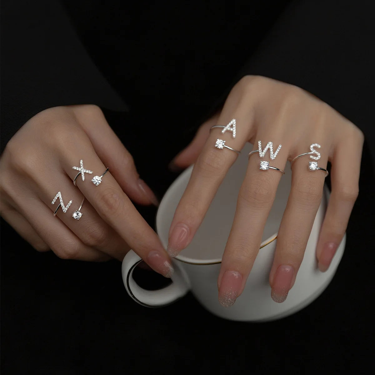 Classic Cute Design 925 Sterling Silver CZ Initial Letters Finger Ring S925 Women J3869